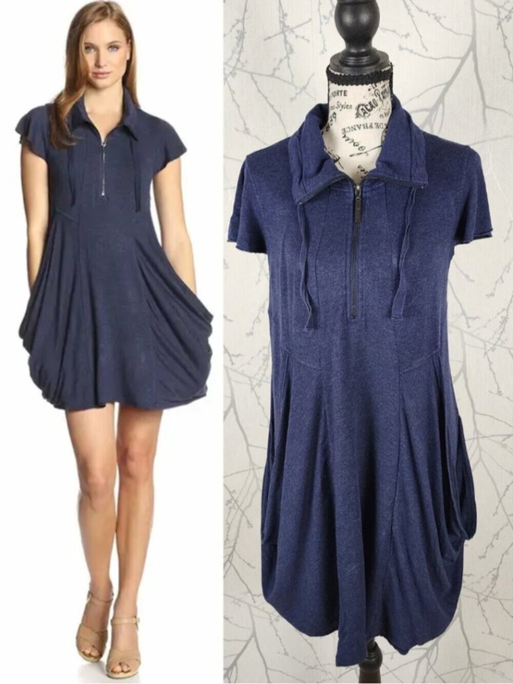 Kensie Stretch French Terry Half Zip Artsy Drape Pocket Dress